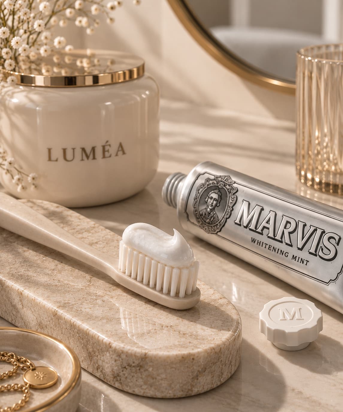 Dentifrice MARVIS Whitening Mint et brosse à dents dans une salle de bain claire